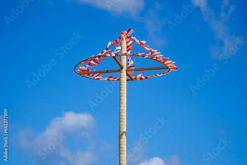 Traditional game from Indonesia named Panjat Pinang. This game won prizes that were mounted on top of the areca tree by climbing. blue sky, cloud and sun