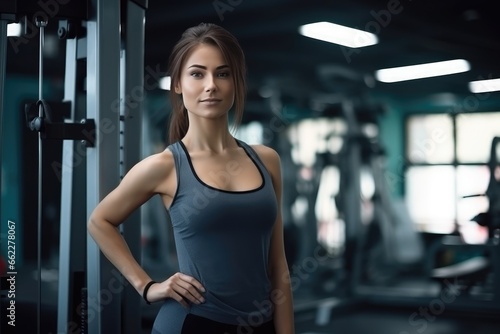 Slim young woman with athletic physique in gym