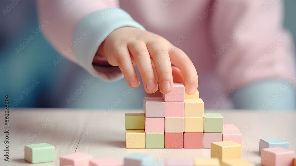 Close-up of children hands playing with a wooden block constructor. Developmental toys made of natural eco materials, early education.  - obrazy, fototapety, plakaty 