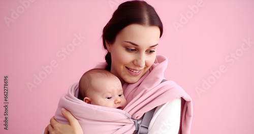 Happy mom holding newborn baby in sling, copy space. Baby carrier sling, mother and infant. 