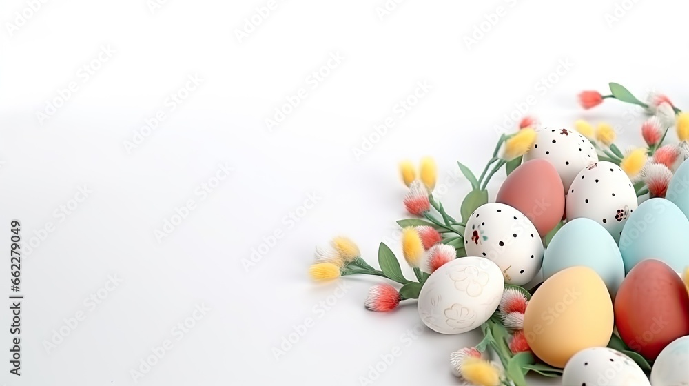  a bunch of eggs with flowers on a white background with a place for text.  generative ai