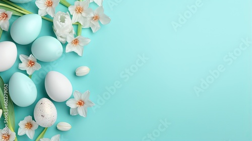  a blue background with white flowers and eggs on the side.  generative ai