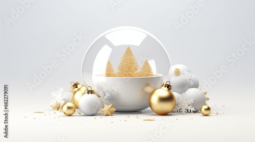 Winter holiday wallpaper. Festive white and gold Christmas ornaments and baubles. Empty glass snow ball isolated on white background