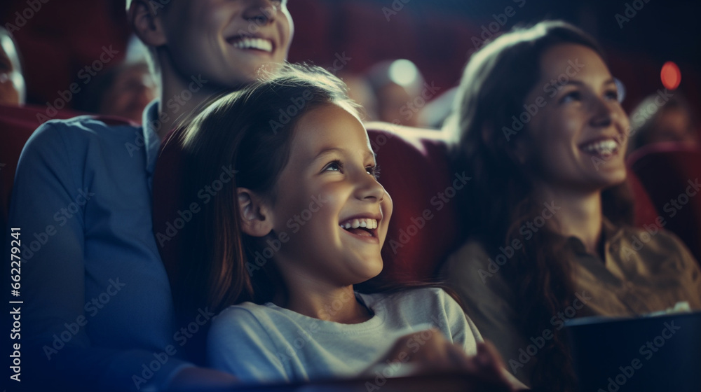 A family with kids enjoying an animated film on the big screen, blurred background A family with kids enjoying an animated film on the big screen, blurred background