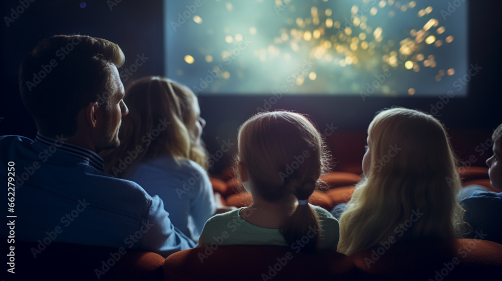 A family with kids enjoying an animated film on the big screen, blurred background A family with kids enjoying an animated film on the big screen, blurred background
