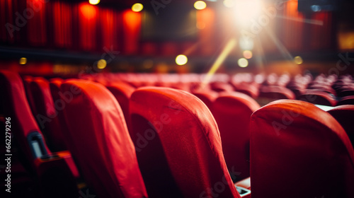 Cinema seats with colorful, comfortable cushions, blurred background