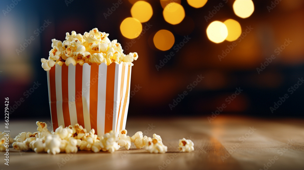 A close-up of a bag of buttery popcorn, blurred background