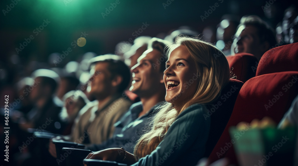 Moviegoers reacting to a thrilling scene on screen, blurred background Moviegoers reacting to a thrilling scene on screen, blurred background