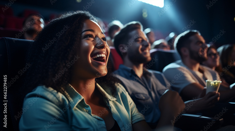 Moviegoers reacting to a thrilling scene on screen, blurred background Moviegoers reacting to a thrilling scene on screen, blurred background