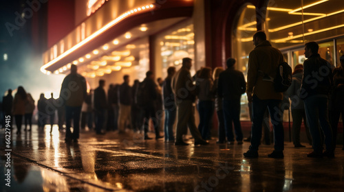Patrons waiting in line to enter the theater, blurred background photo