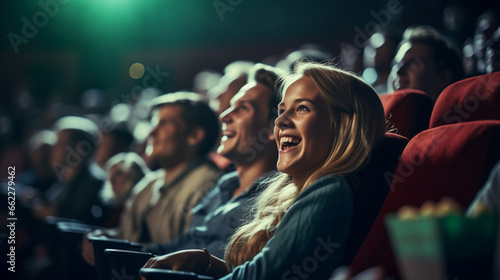 Moviegoers reacting to a thrilling scene on screen, blurred background photo