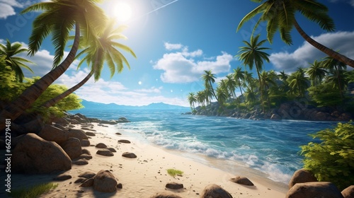 Tropical beach framed by coconut trees