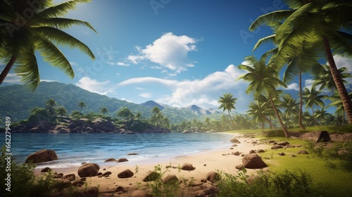 Tropical beach framed by coconut trees