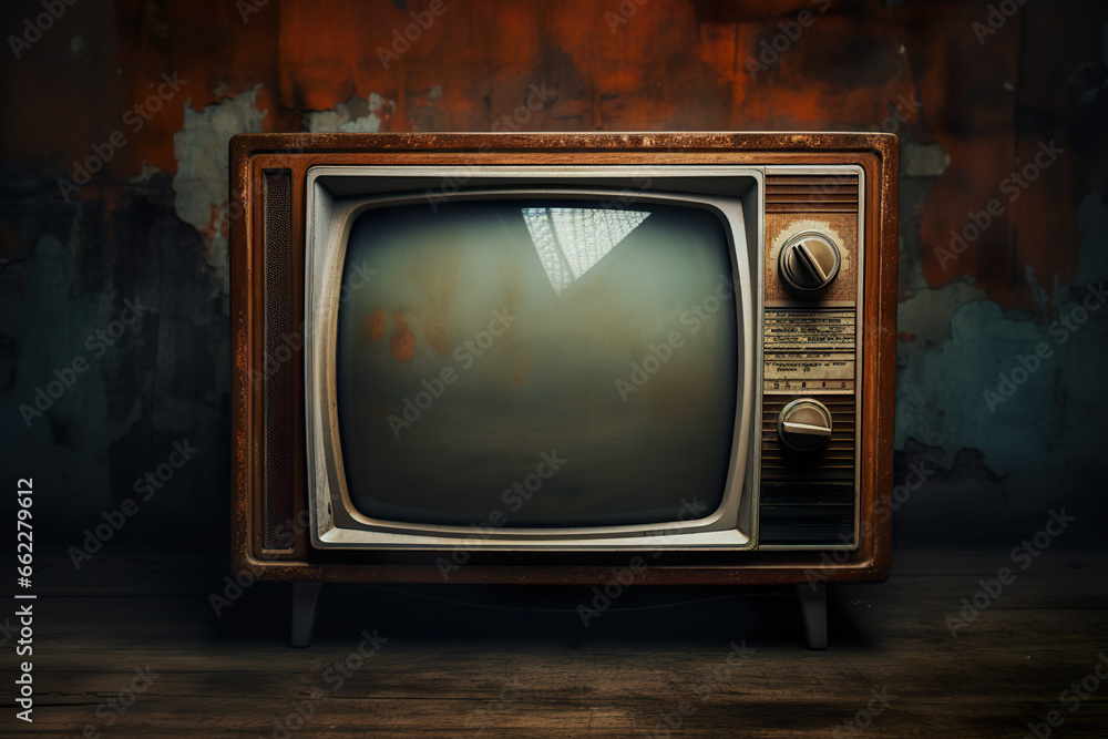 Old retro antique tv in a vintage room background wallpaper for videos with Generative AI