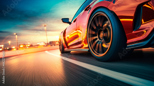 Low angle side view of car driving fast at sunset with motion speed effect © graja