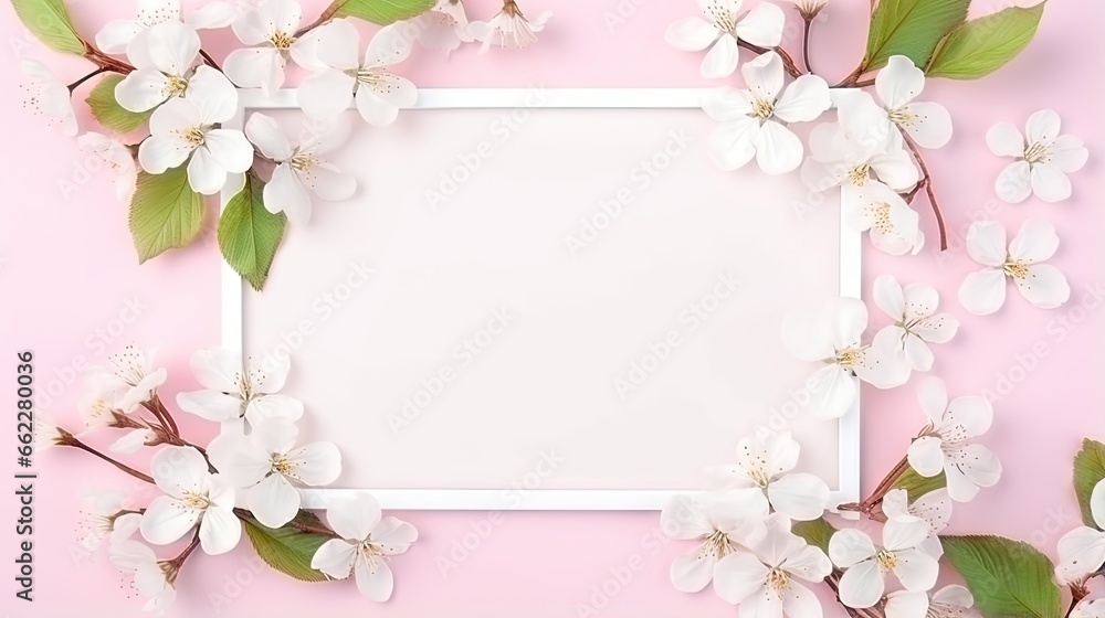  a square frame with white flowers and green leaves on a pink background.  generative ai