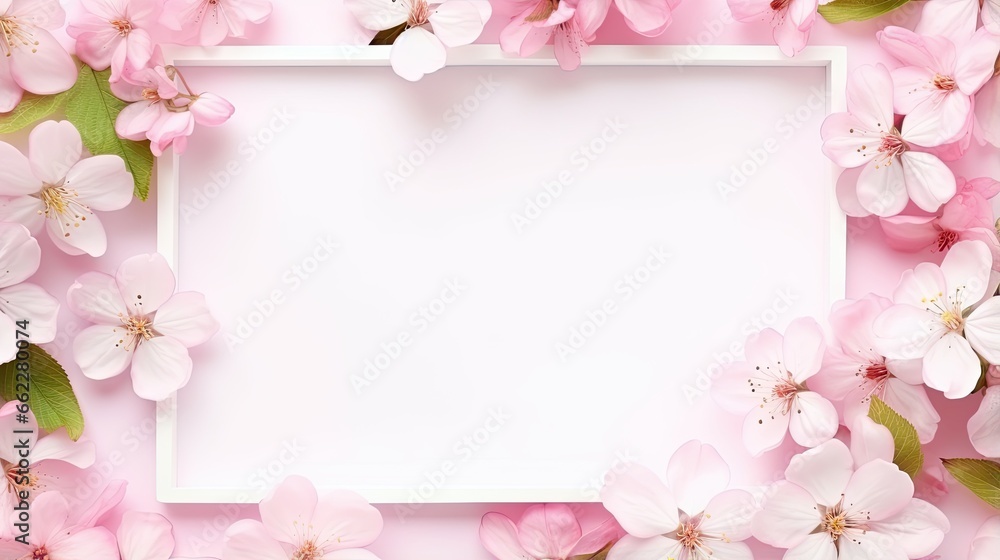  a square frame surrounded by pink flowers on a pink background.  generative ai