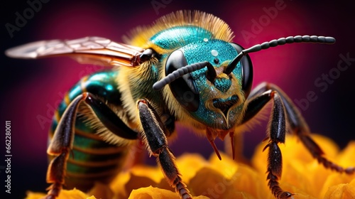  a close up of a blue and yellow bee on a flower. generative ai