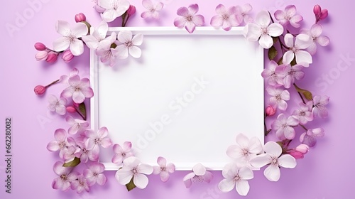  a white square frame with pink flowers on a purple background.  generative ai