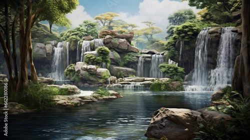 Twin waterfalls cascading into a serene pond.