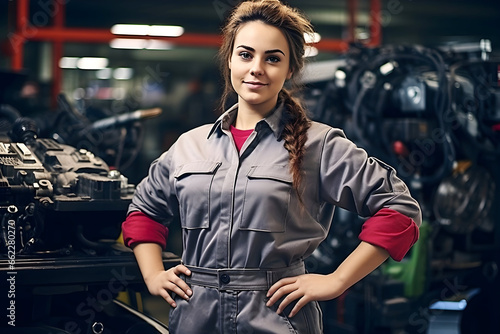A female auto mechanic in a garage surrounded by tools and car parts, embodying feminism and women working in traditionally male-dominated professions, showcasing skill and empowerment