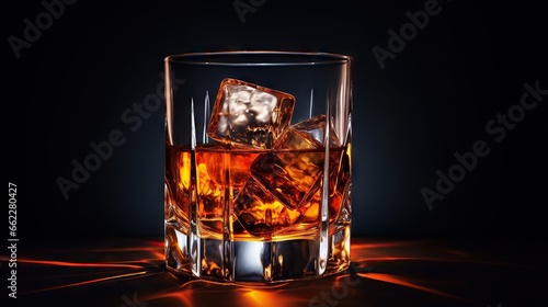  a glass of whiskey with ice cubes on a dark background. generative ai