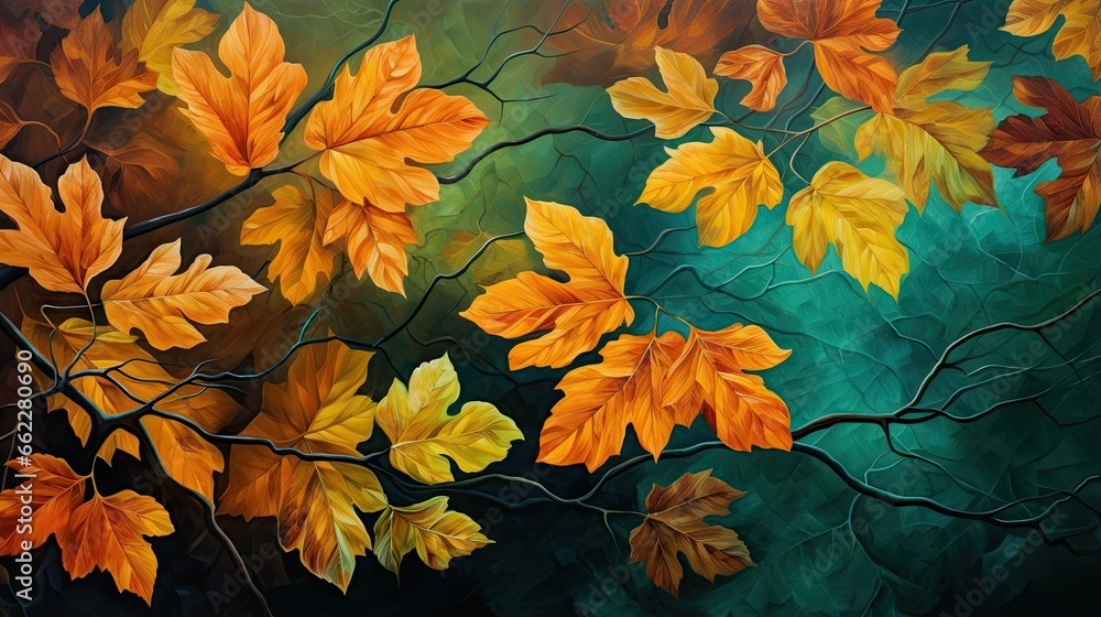  a painting of leaves on a branch with a green background.  generative ai
