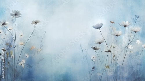  a painting of white flowers on a blue background with a sky background.  generative ai © Shanti