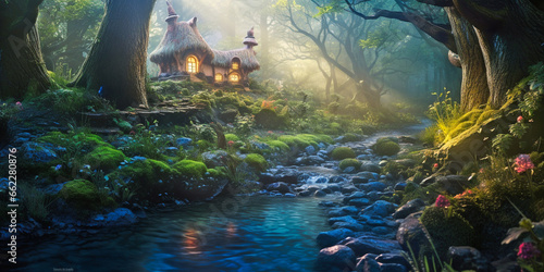 A small fairy tale house in dark fantasy forest, miniature woodland cottage made by gnomes and trolls © andreusK