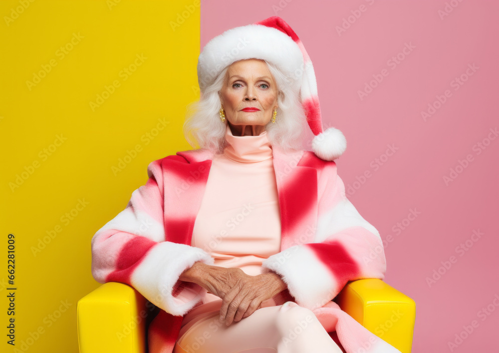 Fototapeta premium A beaming woman donning a festive santa hat stands in front of a whimsical indoor wall adorned with holiday decorations, exuding the warmth and joy of the christmas season and the new year