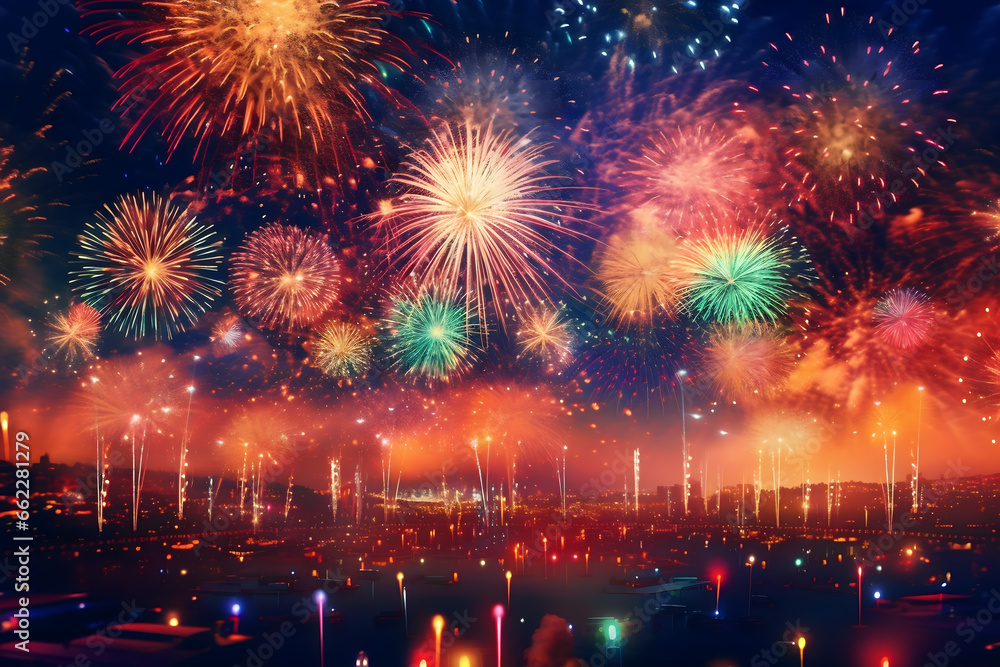 Obraz premium happy new year with fireworks, fireworks over the city, fireworks in the night sky, newyears new years