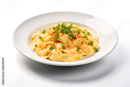 Dish of Scrambled eggs on a white background