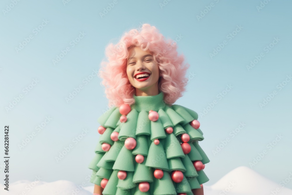 Fototapeta premium Amidst the twinkling lights and snowy wonderland, a stunning woman beams with joy in her festive attire, blending beauty and holiday spirit under the starry sky