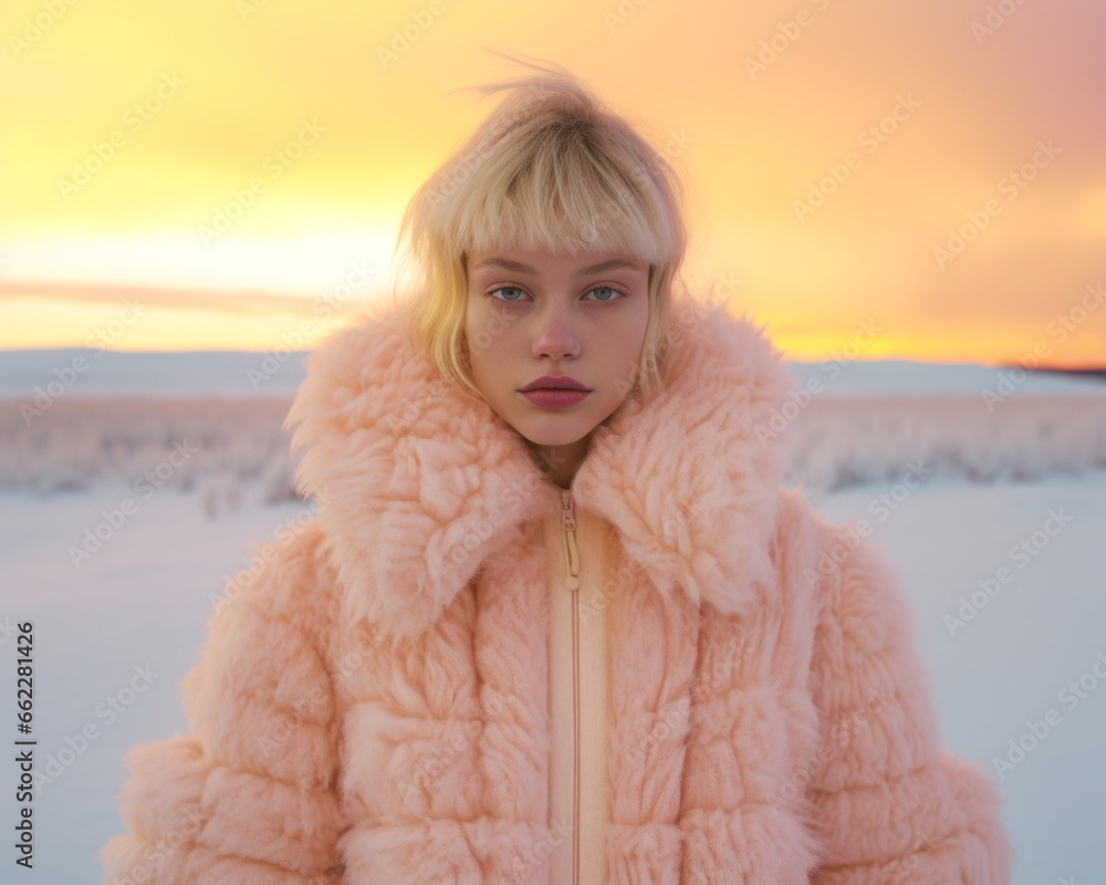 © Glittering Humanity - A stunningly beautiful woman stands tall and confident in the snow, her pink coat a striking contrast against the winter landscape, her portrait a reflection of both fashion and strength © Glittering Humanity - A stunningly beautiful woman stands tall and confident in the snow, her pink coat a striking contrast against the winter landscape, her portrait a reflection of both fashion and strength