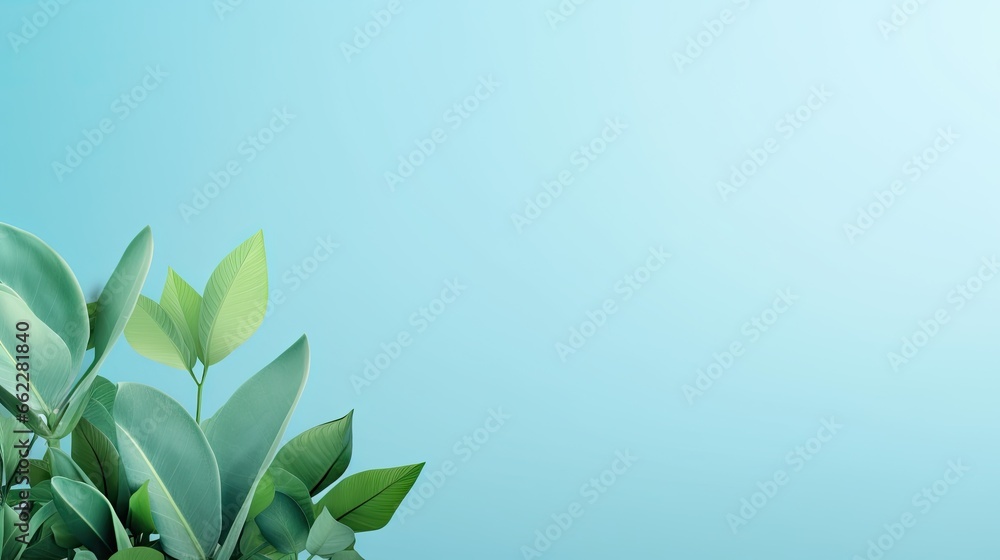  a plant with green leaves on a blue background with a place for text.  generative ai