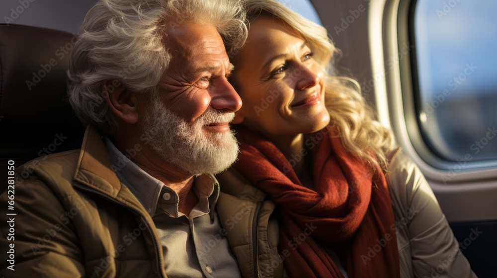 Senior couple on an airplane ready for vacation, beautiful stylish mature caucasian traditional couple enjoying a trip to a vacation in europe, taking a flight on a plane. retirement activity concept Senior couple on an airplane ready for vacation, beautiful stylish mature caucasian traditional couple enjoying a trip to a vacation in europe, taking a flight on a plane. retirement activity concept