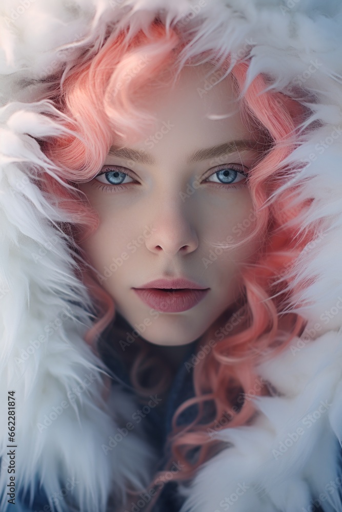 Effortlessly chic and daringly bold, the beautiful woman with pink hair and piercing blue eyes stuns in her winter portrait, draped in a luxurious furry coat and rocking a bold lipstick Effortlessly chic and daringly bold, the beautiful woman with pink hair and piercing blue eyes stuns in her winter portrait, draped in a luxurious furry coat and rocking a bold lipstick