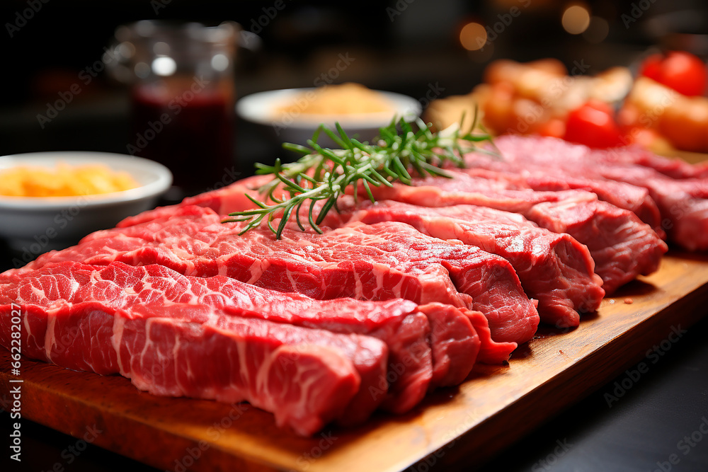 Various pieces of fresh raw red meat in the supermarket, beef, pork, assorted meat steaks on a wooden board.
