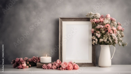 Cornice foto vuota con fiori e candela photo