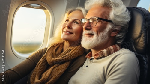 Senior couple on an airplane ready for vacation, beautiful stylish mature caucasian traditional couple enjoying a trip to a vacation in europe, taking a flight on a plane. retirement activity concept