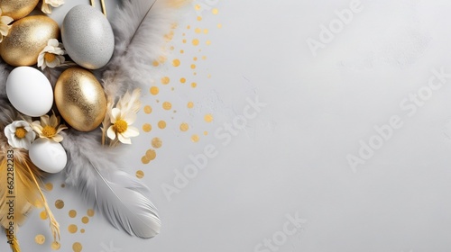  a white and gold background with feathers, flowers and eggs.  generative ai