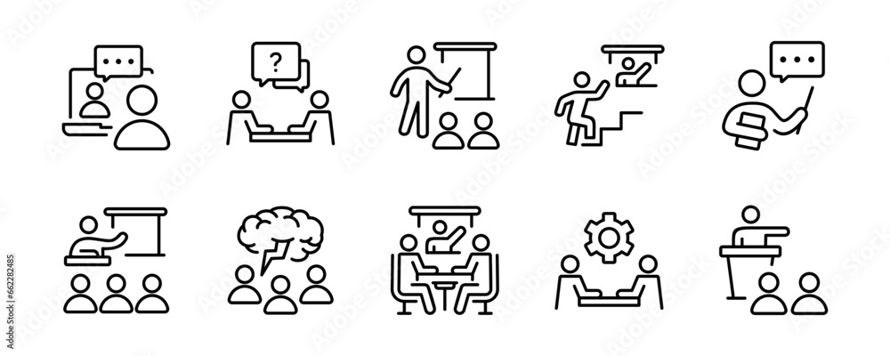 workshop training online course conference icon set human resource seminar coaching skill education outline vector teamwork development symbol illustration for web and app - obrazy, fototapety, plakaty 