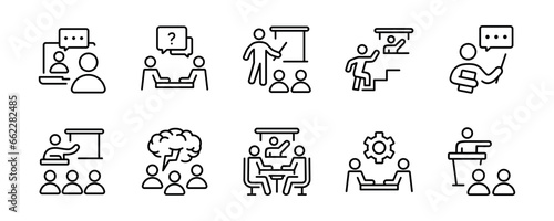 workshop training online course conference icon set human resource seminar coaching skill education outline vector teamwork development symbol illustration for web and app