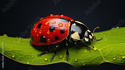  a ladybug sitting on a green leaf with drops of water on it. generative ai