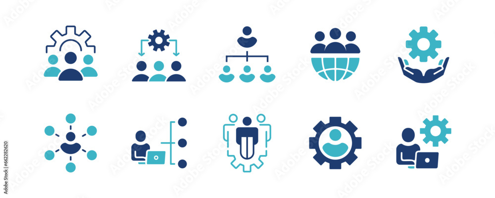 set of human resource organization management with gear setting icon set teamwork structure hierarchy leadership diagram employee network symbol illustration - obrazy, fototapety, plakaty 