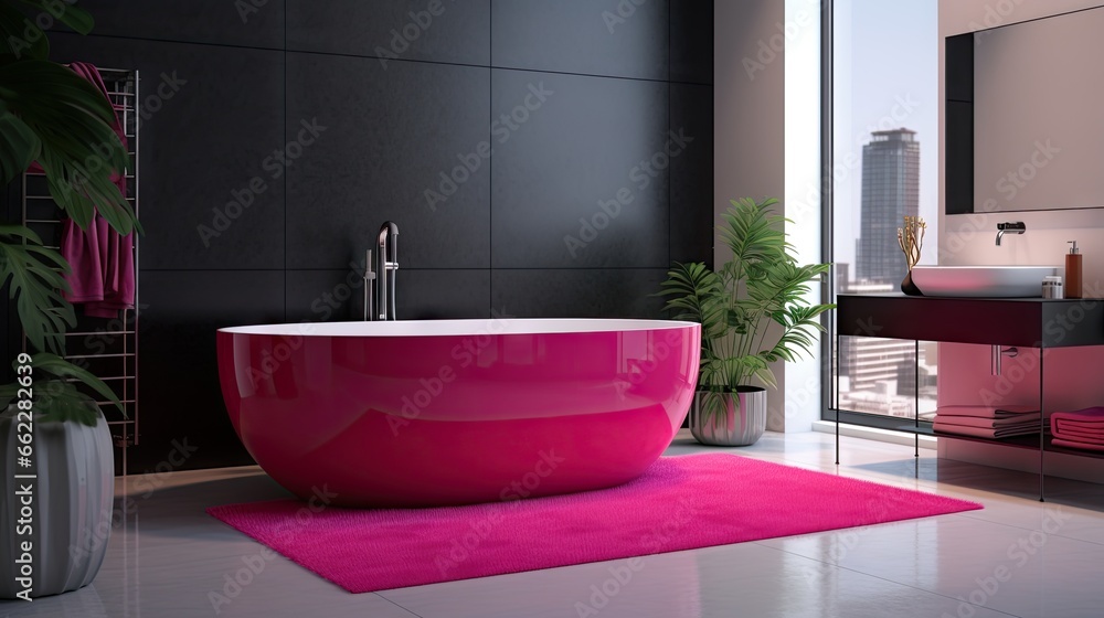 a bathroom with a pink bathtub and a pink rug. generative ai a bathroom with a pink bathtub and a pink rug. generative ai