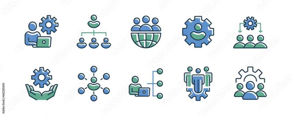 set of human resource strategy structure management setting icon vector business organization hierarchy office partnership and employment diagram gear cogwheel symbol illustration - obrazy, fototapety, plakaty 