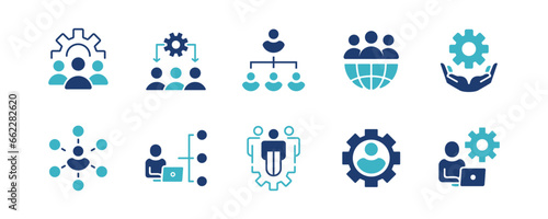 set of human resource organization management with gear setting icon set teamwork structure hierarchy leadership diagram employee network symbol illustration