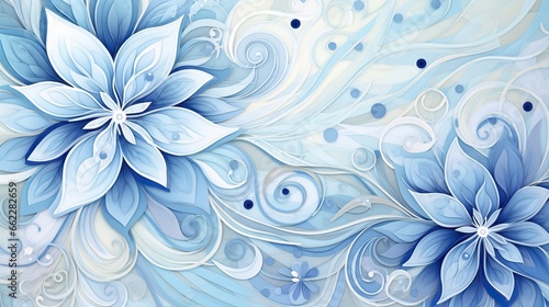  a painting of blue flowers with swirls and bubbles on a white background.  generative ai