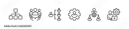 set of team management organization structure business hierarchy icon vector human resource employee gear manage setting strategy symbol illustration